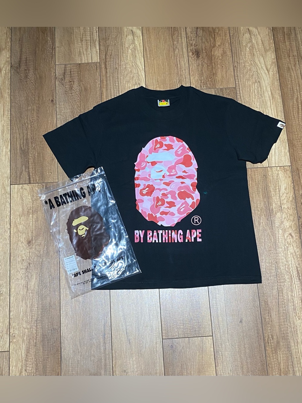 A Bathing Ape BAPE Black Tee Shirt Pink Camo Ape Logo Short Sleeve Mens Shirt